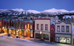 Winter street scene in Breckenridge, Summit County, Colorado town